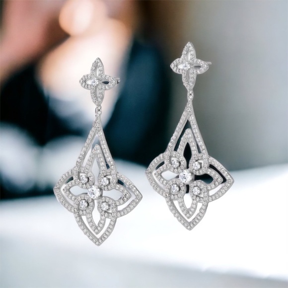 925 Sterling Silver Rhodium-plated Chandelier Design Brilliant-cut CZ Earrings - Picture 7 of 8